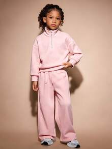 SHEIN 女童與幼童 2 件式運動套裝，淺粉色感溫布料，包含半拉鍊立領運動上衣與寬鬆運動長褲，柔軟舒適布料，適合女童休閒運動風，完美適用於日常穿著與戶外活動 - 淺粉色 - 查看 3