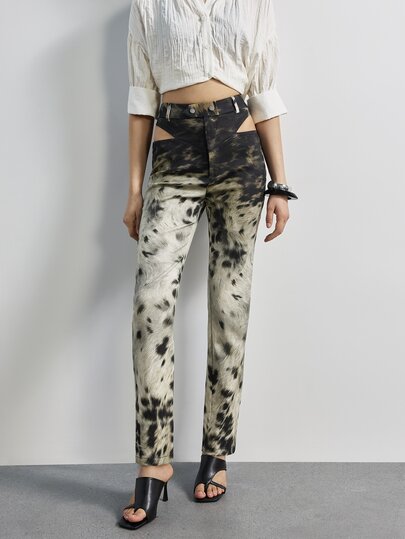 MERLEAU Women's Modern Tie-Dye Print Long Pants With Hollow Waist Design