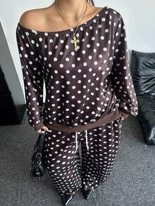POPSWAY Plus Size Women Polka Dot Asymmetric Shoulder Sweatshirt And Pants Set, Casual Asymmetrical Shoulder Long Sleeve Two Pieces Outfit, Spring And Autumn Daily Wear - Brown - View 2