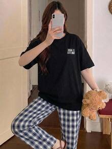 DAZY 2件組女款寬鬆短袖T恤與格紋直筒長款睡褲居家休閒套裝 - 黑色 - 查看 6
