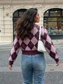 Livesso Contrast Color Patchwork Plaid Design Casual Loose Fit Sweater Cardigan - Purple - View 2