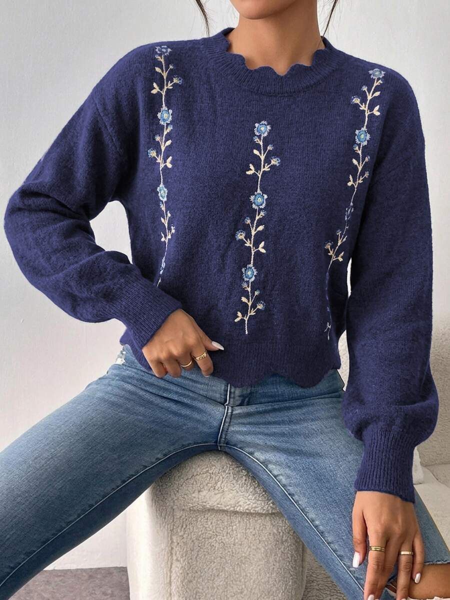 SHEIN 白色蕾絲領寬鬆刺繡秋冬毛衣 - 藏蓝色 - 查看 1