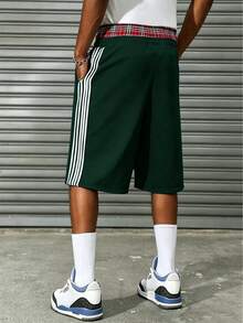 PAVTROS Men's Young Casual 2 In 1 Sweatpants, Short Knitted Sports Gym Pants With Elastic Waist Drawstring Design, Streetwear, Green And White Striped Summer - Dark Green - View 8