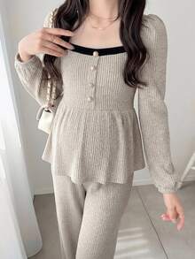 Dazy Maternity Setelan 2 Potong Atasan Pullover Lengan Panjang dan Celana dengan Motif Garis-Garis dan Patchwork Warna Kontras di Bagian Bawah, Cocok untuk Pakaian Rumah Sehari-hari Musim Semi dan Gugur serta untuk Ibu Hamil - Grey - View 3