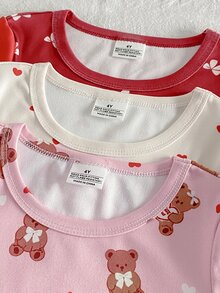 SHEIN 女童長袖上衣與長褲修身居家服套裝，蝴蝶結、愛心與熊圖案設計，柔軟親膚面料，適合睡衣 - 彩色 - 查看 4