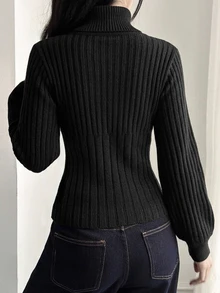 DAZY Women's Slim Fit Elastic Pullover Knit Sweater, High Neck Tie Hollow Out Long Sleeve Casual Vacation Sexy Korean Style Autumn/Winter Knit Sweater - Black - View 3