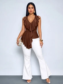 SOLERSUN Women's Ruffle V Neck Sleeveless Asymmetrical Hem Fitted Waist Vest Perfect Vacations And Parties - Brown - View 3