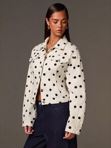 Athîral Denim Women's Relaxed Fit White Denim Jacket,Contrast Stitching,Button Front,Waist Tab,Black Polka Dot,Autumn Retro Chic,Daily Daytime Wear,Office Casual - Apricot - View 4