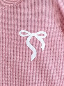 SHEIN 女童2件套，蝴蝶結裝飾，側縫配色條紋裝飾，寬腿褲，可愛簡約休閒風，適合日常休閒、運動、度假 - 粉色 - 查看 5