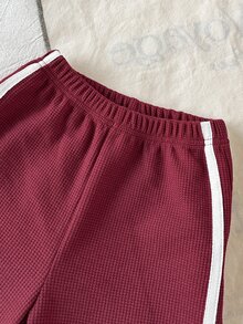 SHEIN 女童兩件套，蝴蝶結裝飾，側縫配色飾邊，寬腿褲，可愛簡約休閒風，適合日常穿著、運動、度假 - 酒紅色 - 查看 6