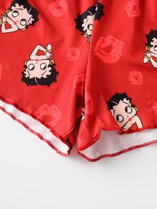 Betty Boop x SHEIN 女款字母卡通印花細肩帶上衣與短褲休閒居家睡衣套裝 - 黑色 - 查看 5