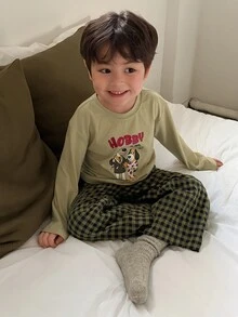 Dazy Kids Infant (Boy) Round Neck Short Sleeve Cartoon T-Shirt And Plaid Long Pants 2 Pieces Set Loungewear Fall - Green - View 3