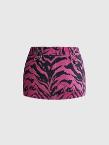 ROMWE Grunge Punk Low Waist Zebra Print Fuchsia Pink Women's Denim Skirt - Pink - View 2
