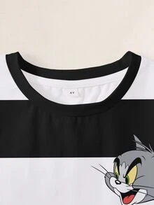 TOM & JERRY X SHEIN تي شيرت للأولاد الصغار بطباعة كرتونية وخطوط بألوان متباينة - أبيض - مشاهدة 3