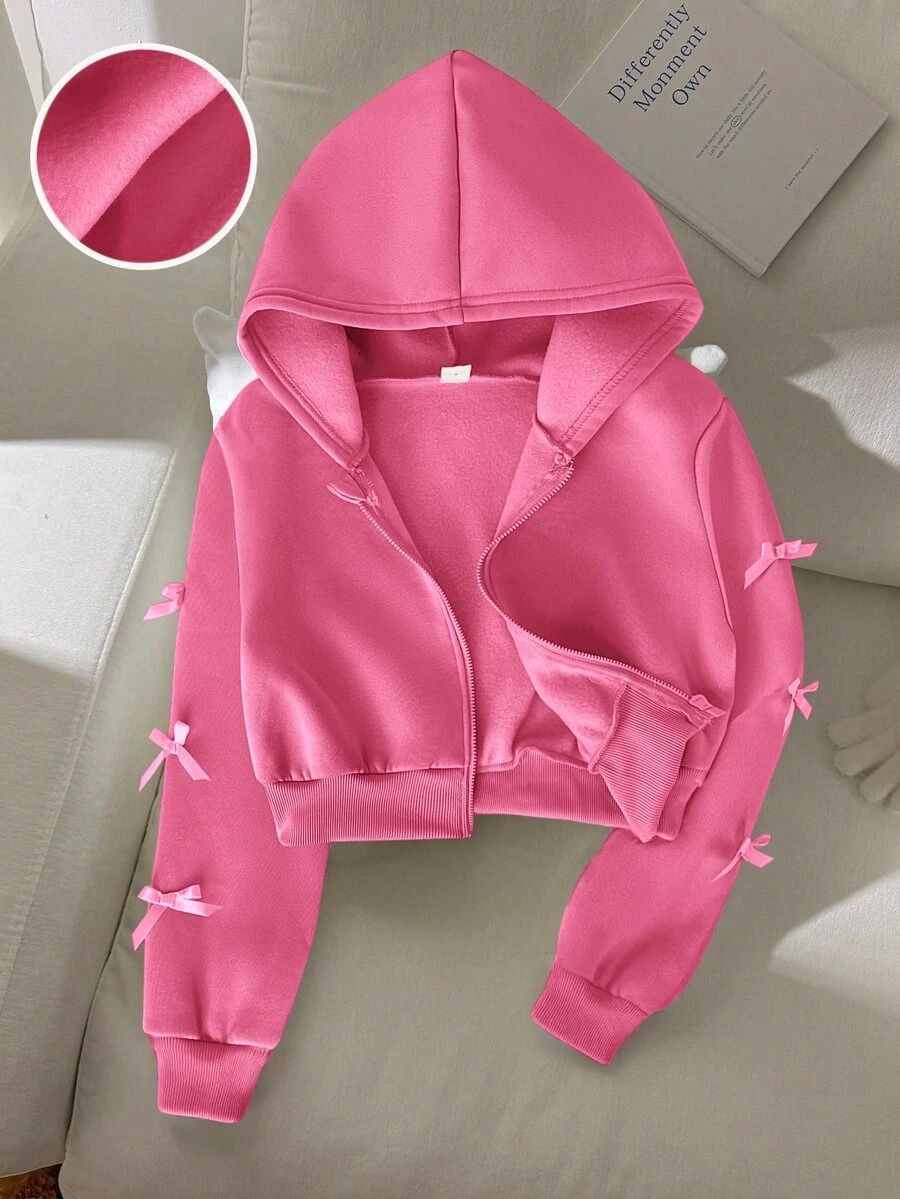 SHEIN 青少年女孩寬鬆休閒極簡舒適日常街頭風連帽修身口袋前開襟拉鍊短版長袖運動衫外套 白色返校穿搭 - 玫紅色 - 查看 1