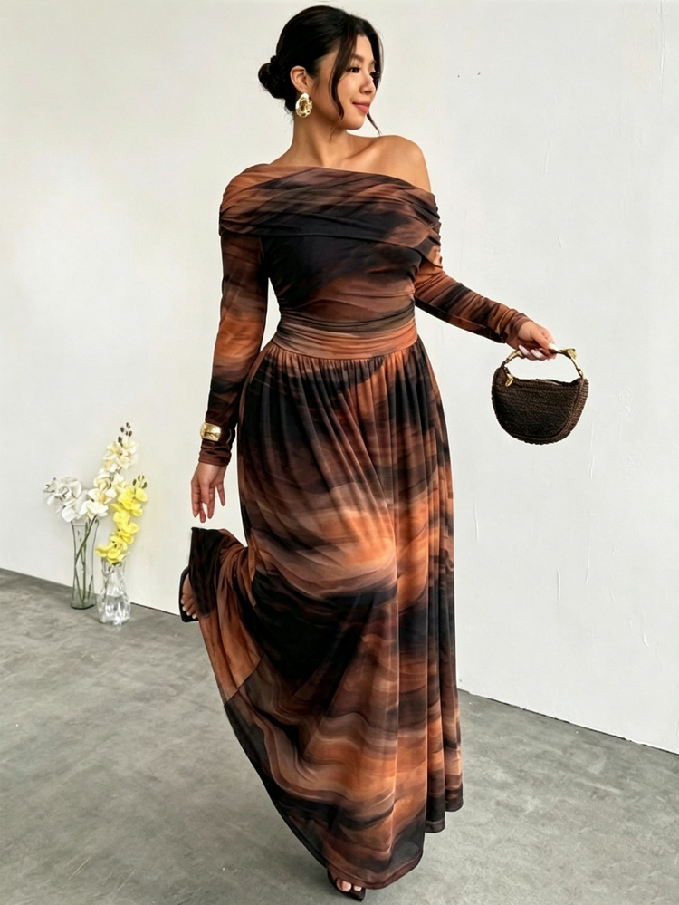 Firerie Plus Size Minimalist Elegant Asymmetrical Shoulder Long Sleeve Pleated Waist Knit Fabric Casual Fashion Versatile Women's Dress - Multicolor - View 1