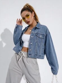 SHEIN Casual Streetwear Light Blue Distressed Denim Jacket, Drop Shoulder Loose Fit, Single Back Pocket Design, Short Outerwear Travel Autumn - Light Wash - View 3