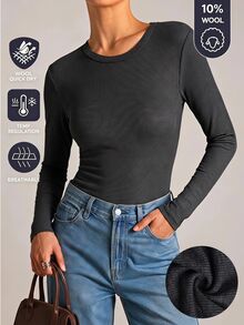 SHEIN BASICS 女款純色修身百搭日常長袖T恤 工作穿搭 炭灰色 秋冬休閒 - 黑色 - 查看 1
