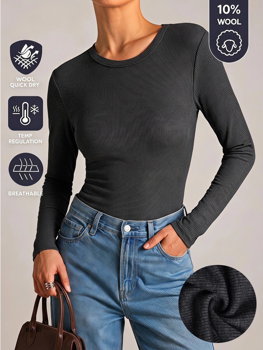 SHEIN BASICS 女款純色修身百搭日常長袖T恤 工作穿搭 炭灰色 秋冬休閒 - 黑色 - 查看 1