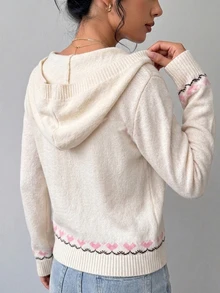 SHEIN LUNE كارديجان محبوك بقصة ضيقة مع قلنسوة ونقشة جاكار على شكل قلب لفصل الخريف/الشتاء - أبيض - مشاهدة 2