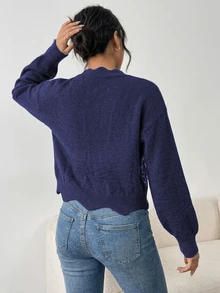 SHEIN 白色蕾絲領寬鬆刺繡秋冬毛衣 - 藏蓝色 - 查看 2