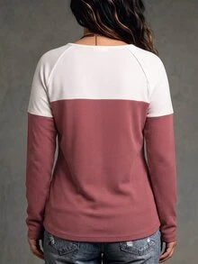Glimmora Women's Autumn/Winter Round Neck Long Sleeve Colorblock T-Shirt With Decorative Buttons, Small Plaid Textured Fabric, Plus Size - Multicolor - View 2