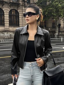 Livesso Veste en cuir PU à manches longues avec fermeture éclair, style streetwear décontracté pour femmes, pour sorties nocturnes et club, noir, automne - Noir - Voir 3