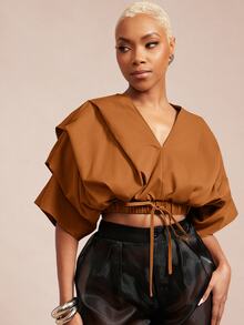 Vixey Solid Woven Pleated Structured Sleeve Drawstring Waist Top - Redwood - View 1