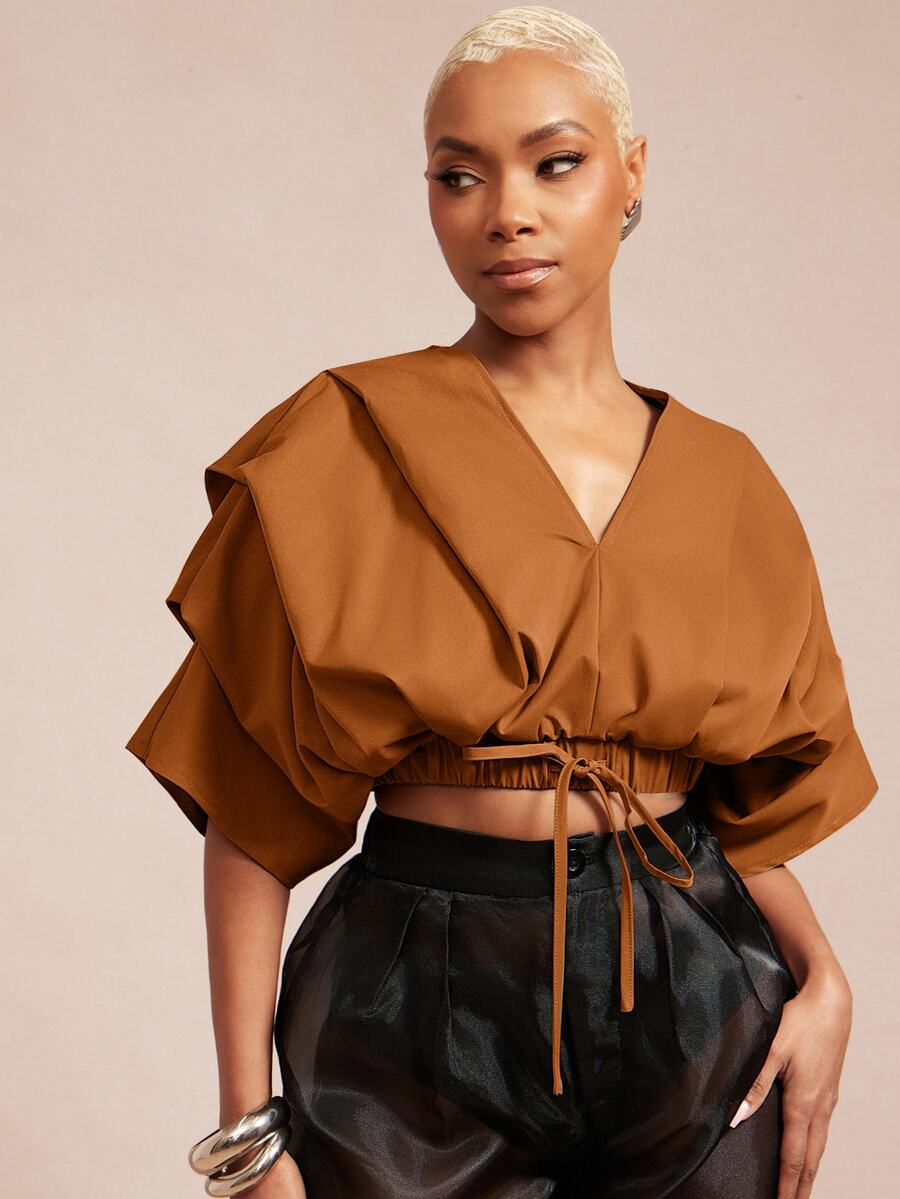 Vixey Solid Woven Pleated Structured Sleeve Drawstring Waist Top - Redwood - View 1