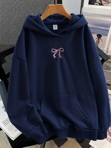SHEIN 青少年女孩蝴蝶結印花長袖口袋連帽衛衣 - 藏蓝色 - 查看 1