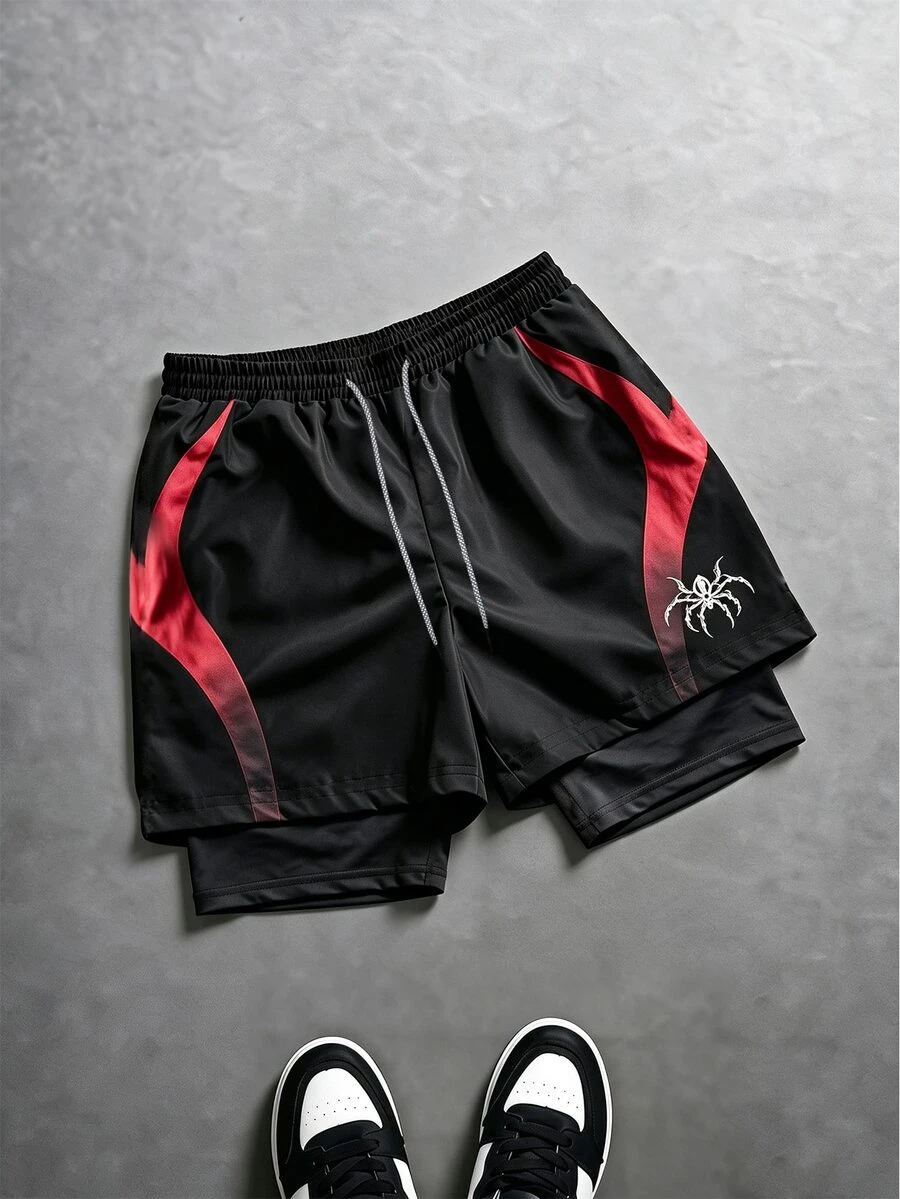 Sport MetroGents 男士抽繩腰蜘蛛圖案休閒日常運動短褲 - 黑色 - 查看 1