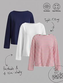 SHEIN EZwear 3件裝厚款船領T恤，海軍藍/白色/條紋，秋季上衣，適合日常通勤、派對、秋冬春夏、聖誕節、新年、感恩節、婚禮、海灘、畢業典禮、優雅、外出、約會、通勤、情人節、度假、Y2K、畢業典禮等場合 - 彩色 - 查看 1