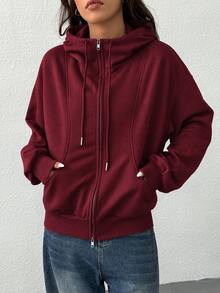 SHEIN EZwear 女款前拉鍊長袖口袋連帽衫 - 酒紅色 - 查看 5