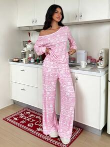 ZzzCrew Women's Romantic Christmas Pattern All-Over Print Fleece Ribbed Asymmetric-Shoulder Long Sleeve Wide Leg Pants Pajama Set - Pink - View 3