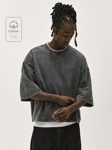 Baseblock Men's Cotton Black Streetwear Minimalist Logo Embossed Loose Fit Short Sleeve Mid-Sleeve T-Shirt - Black - View 1
