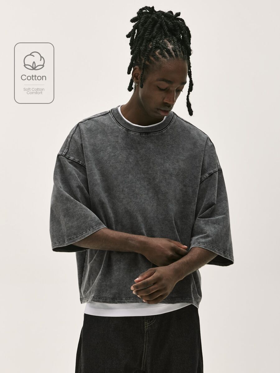 Baseblock Men's Cotton Black Streetwear Minimalist Logo Embossed Loose Fit Short Sleeve Mid-Sleeve T-Shirt - Black - View 1