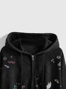 ROMWE Street Life Punk Street Y2K Sticker Print Vintage Washed Loose Fit Open Front Hooded Sweatshirt - Grey - View 5