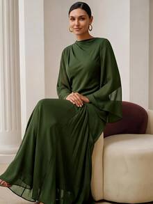 ZEYLAH Asymmetrical Fitted Diagonal Cut Long Dress With Oversized Sleeves, Spring - Army Green - View 3