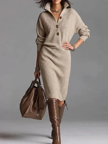 SHEIN Women's Half-Open Collar Sweater Dress, Loose Fit, Dropped Shoulder, Long Sleeve, Half-Button Front, Pockets, Mid-Length, Casual Slimming, Autumn/Winter Commute - Khaki - View 1