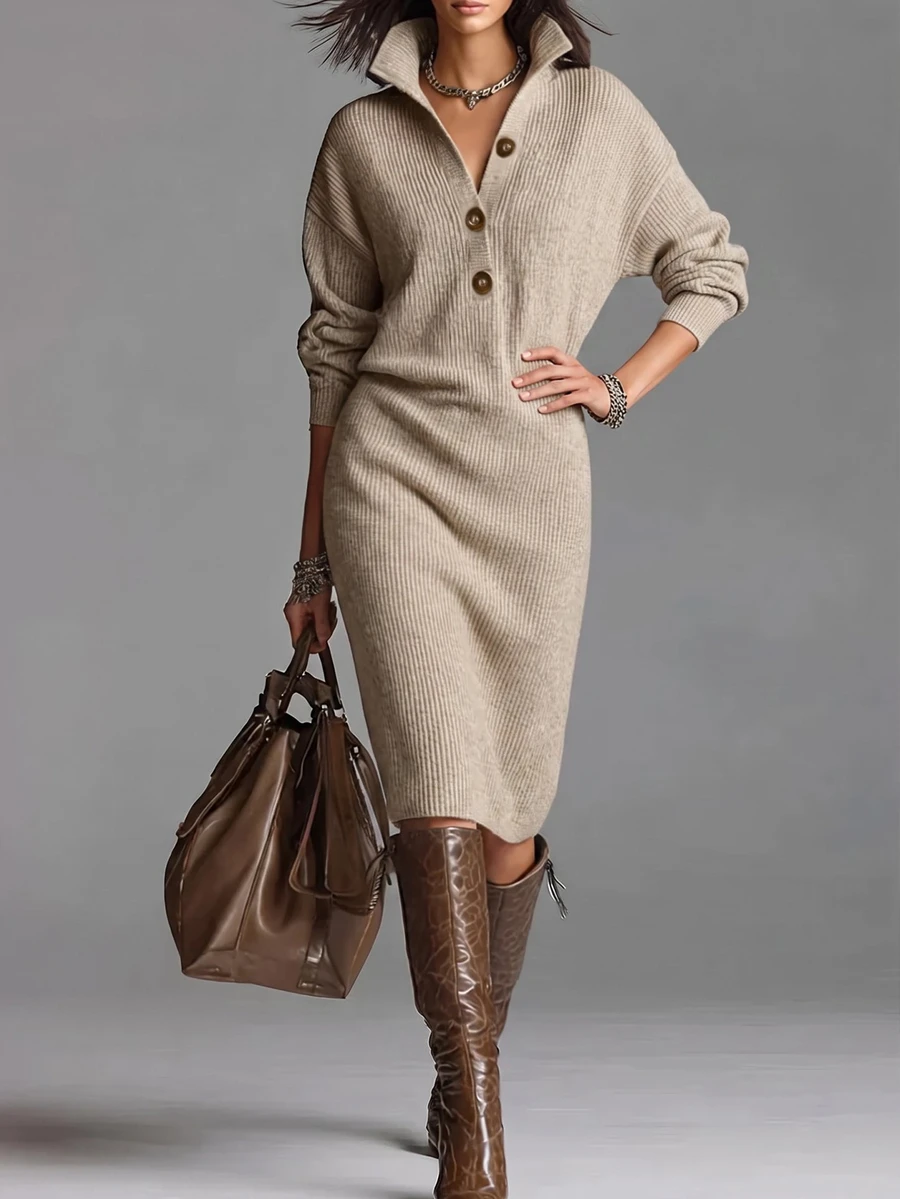 SHEIN Women's Half-Open Collar Sweater Dress, Loose Fit, Dropped Shoulder, Long Sleeve, Half-Button Front, Pockets, Mid-Length, Casual Slimming, Autumn/Winter Commute - Khaki - View 1