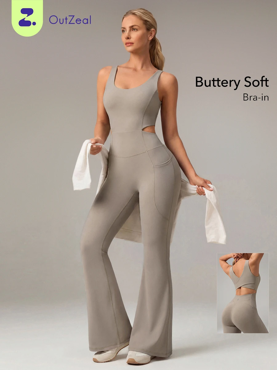 OutZeal Women Sports Jumpsuit Gym Workout Soft Stretch Bra-In Back Cut-Out Flared Leg One-Piece - Khaki - View 1