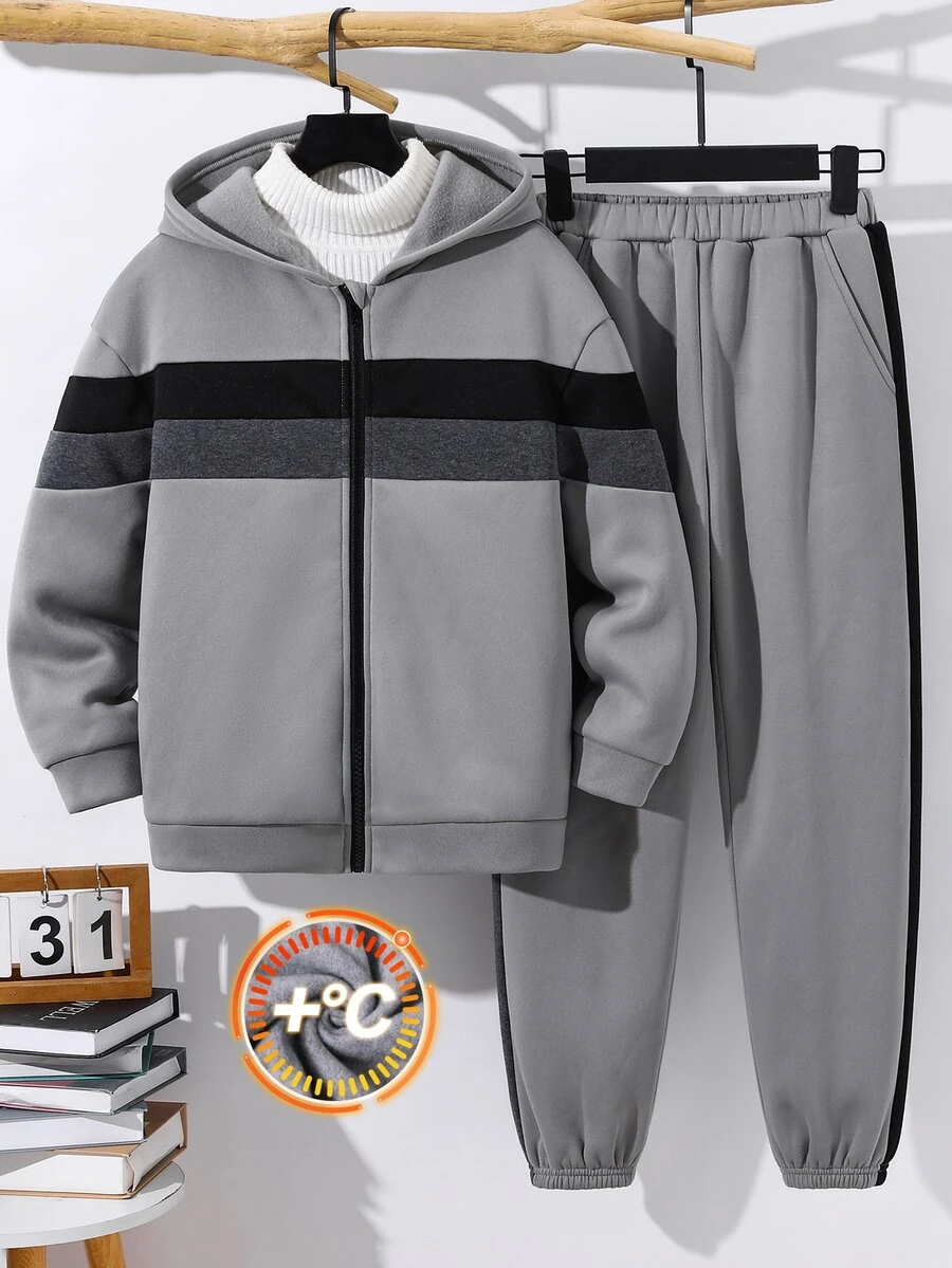 SHEIN Kids Tween Boy Striped Zip-Up Hoodie And Sweatpants Casual Set - Multicolor - View 1