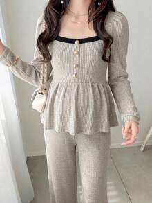 Dazy Maternity Setelan 2 Potong Atasan Pullover Lengan Panjang dan Celana dengan Motif Garis-Garis dan Patchwork Warna Kontras di Bagian Bawah, Cocok untuk Pakaian Rumah Sehari-hari Musim Semi dan Gugur serta untuk Ibu Hamil - Grey - View 10