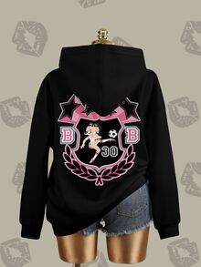 Betty Boop x SHEIN Plus Size Football Cartoon Print Hooded Pullover Sweatshirt Fall - White - View 4