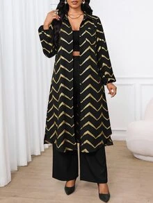 SHEIN Lady 女款金色箔波浪條紋長襯衫與長褲休閒兩件套 - 黑色 - 查看 4