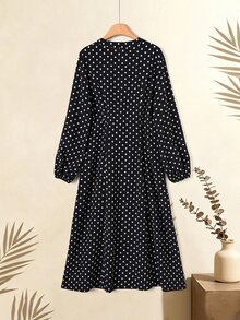 Rusticease Middle-Aged Women Polka Dot Print Round Neck Long Sleeve Casual 1920 Vintage Elegant Dress Office Fancy Black Autumn - Black and White - View 2
