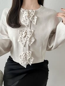 FRIFUL Women's Sweet Bow Decor Long Sleeve Overcoat Fall - White - View 5