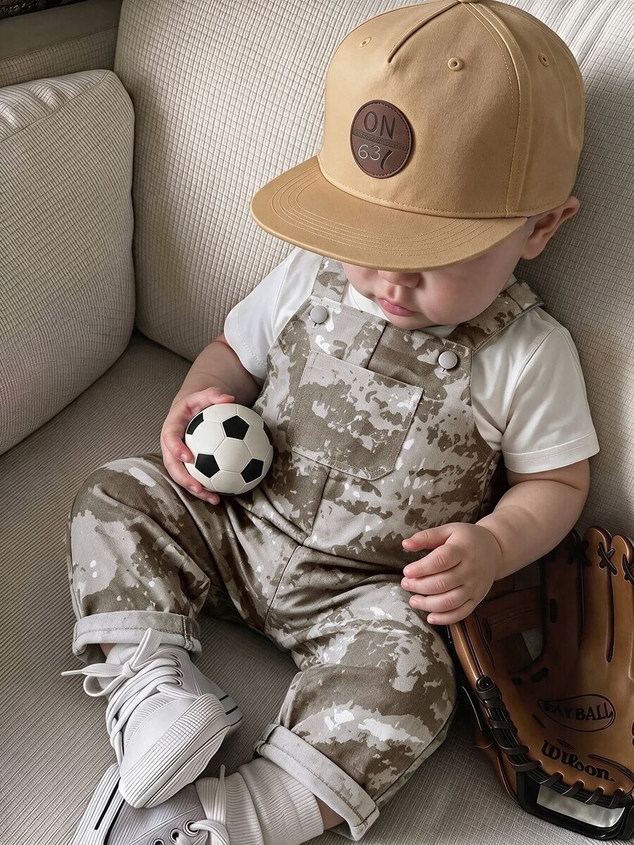 SHEIN Unisex Newborn Baby Boy/Girl Baby Boy 100% Cotton Casual Fashion Versatile Camouflage Denim Overalls Jumpsuit Cargo Pants, Baby Boy Clothing Set, Baby Boy Summer Outfit, Soft, Denim, Jeans - Multicolor - View 1