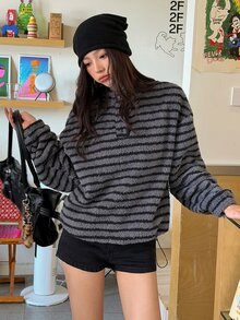 K-Vae Women's Striped Stand Collar Half-Zip Loose Fleece Casual Pullover Sweatshirt - Multicolor - View 3