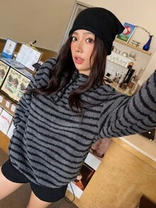 K-Vae Women's Striped Stand Collar Half-Zip Loose Fleece Casual Pullover Sweatshirt - Multicolor - View 9